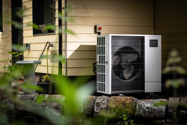 A Mitsubishi Ecodan air source heat pump unit installed outside a timber-clad house