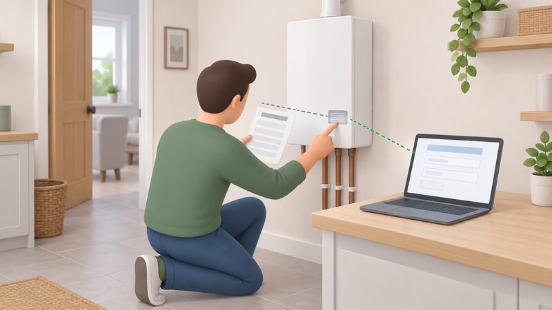 A householder kneeling beside a wall-mounted boiler indoors, holding a paper warranty document while comparing it with the small data plate on the boiler casing and a laptop screen showing a plain registration page with blank fields.