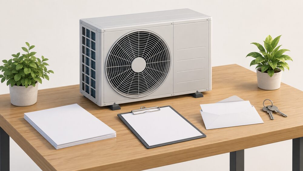 A boxed air source heat pump unit standing on a table beside blank paperwork, a clipboard, an invoice envelope and a set of keys, representing the choice between buying a unit as a box and buying a full installed and certified job.