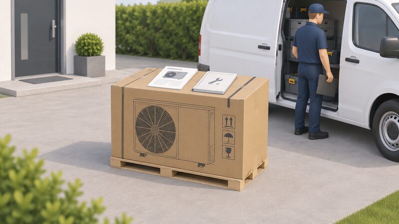 A boxed air source heat pump unit standing on a driveway beside a small installer van, with a datasheet and installation instructions booklet resting on top of the packaging, no other system components present.