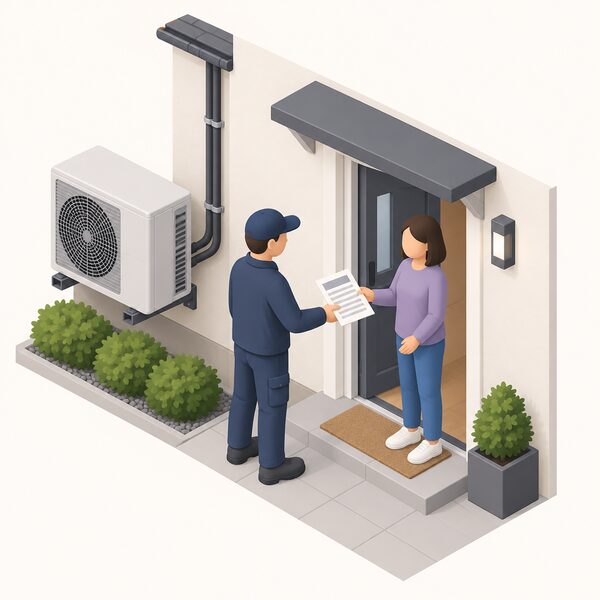 A heat pump installer in plain work clothing stands at a householder's front door, handing a paper installation certificate to the householder, with an air source heat pump unit and its pipework visible on the outside wall of the house behind them.