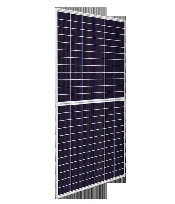 A Canadian Solar HiKu bifacial solar panel shown at an angle on a white background
