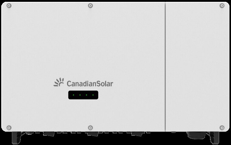 A white Canadian Solar inverter unit shown front-on with status indicator lights