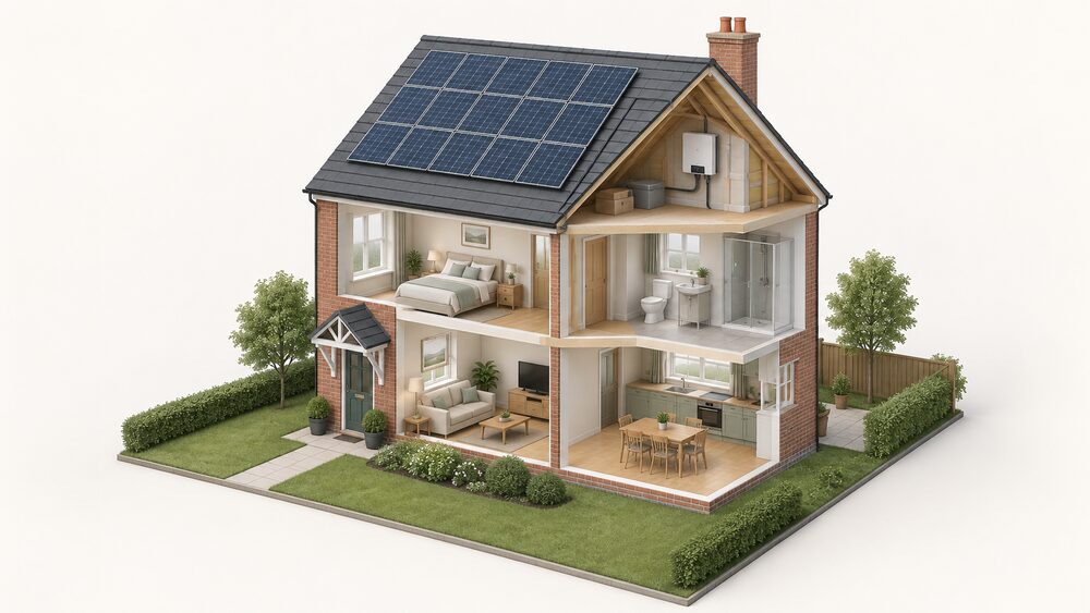 A cutaway of a British house with around twelve solar panels fitted on the pitched roof, and the inverter mounted on an indoor wall in the loft or utility space, connected to the array above.