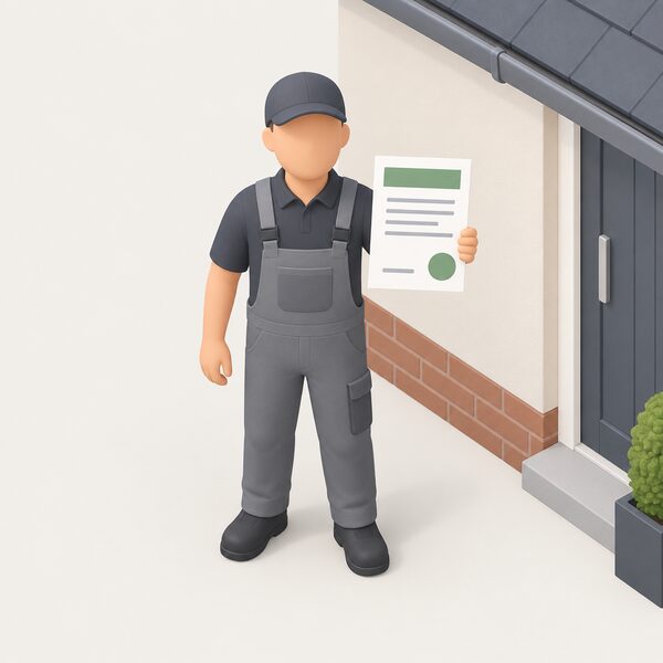 A simplified isometric installer figure in plain work clothing stands beside a house's external wall, holding out a paper MCS certificate document shown face-on with its content as blank lines and plain colour bands, no readable words or numbers.