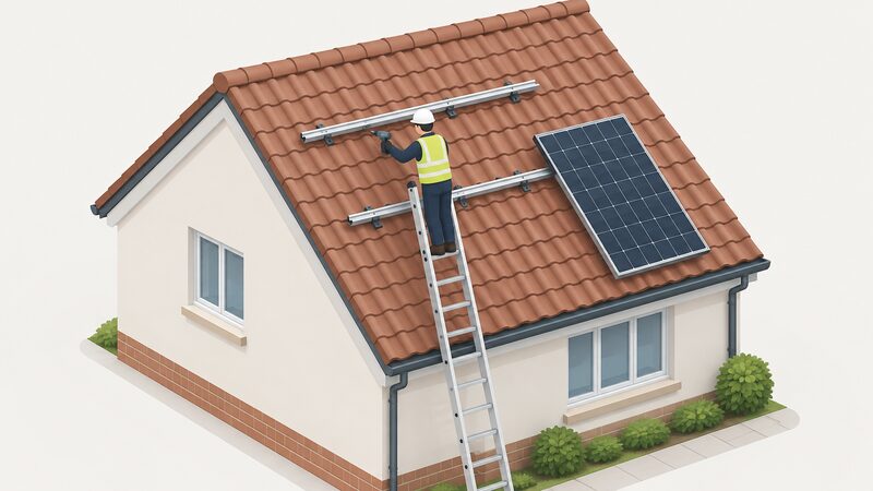 An installer on a ladder against a tiled UK roof pitch fixes aluminium mounting rails to the tiles, with a solar module waiting to be lifted into place on the rails.