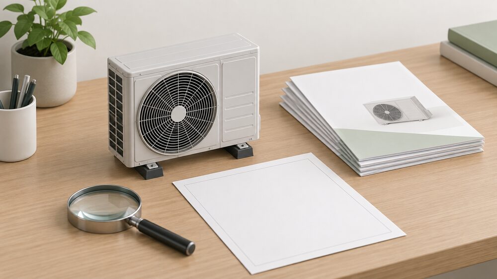 A small model of an outdoor air source heat pump fan unit stands on a desk beside a neat stack of blank product brochures, a blank warranty document and a magnifying glass, suggesting a householder checking a manufacturer's published literature.