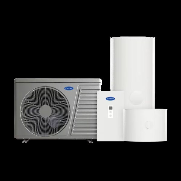 A Carrier air-to-water heat pump outdoor unit shown alongside a hot water cylinder and control unit on a white background