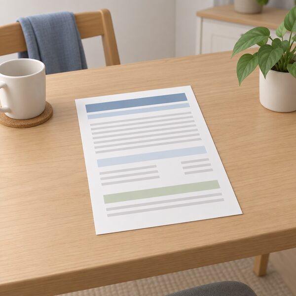 A printed limited warranty document for a heat pump condenser lying flat on a domestic table, shown as a physical paper sheet with its content rendered only as blank lines and plain colour bands, with no readable words or numbers anywhere on it.