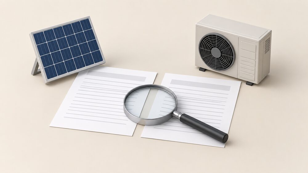 Two blank datasheets lie side by side on a table, a small model solar panel propped beside one and a small model heat pump fan unit standing beside the other, with a magnifying glass resting across the papers.