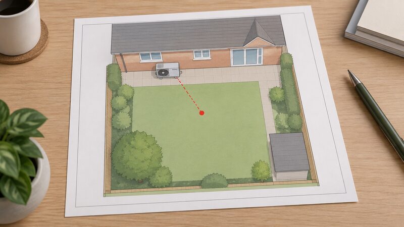 A simplified plan view of a house garden showing a heat pump outdoor unit on the ground against the rear wall, with a marked noise assessment position nearby indicated by a plain marker point and a dashed measuring line, drawn as a printed plan sheet lying on a table.