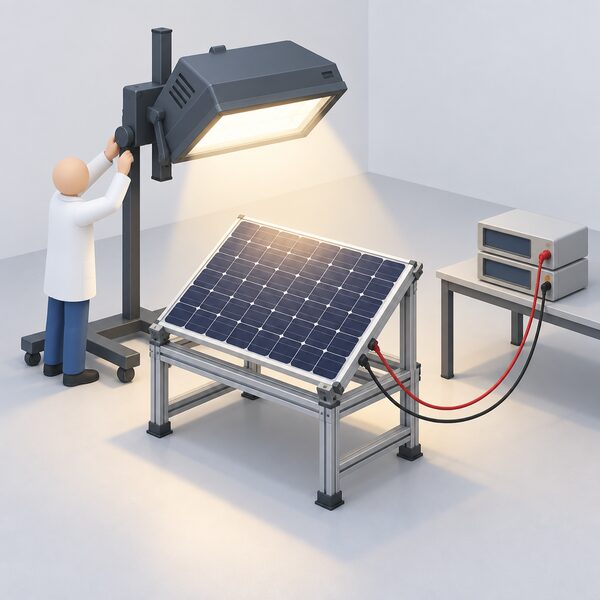 A single solar module mounted on a test bench inside a laboratory, lit by a calibrated solar simulator lamp, with a small simplified figure adjusting the lamp while instruments beside the module record its output, showing the fixed standard conditions behind every watt figure on a datasheet.