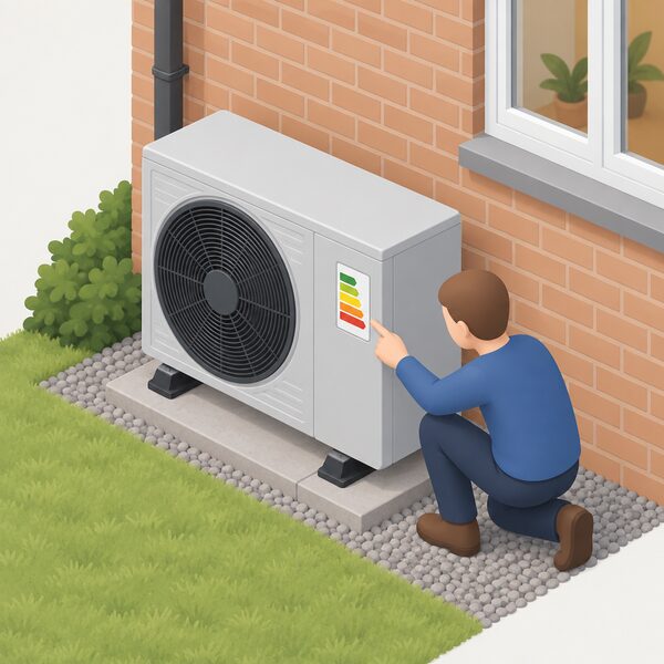 An air source heat pump unit standing outside the rear wall of a house, with a small simplified isometric figure kneeling beside it pointing at a plain certification label fixed to the unit's casing, the label shown as a blank badge with simple colour bands and no readable words.