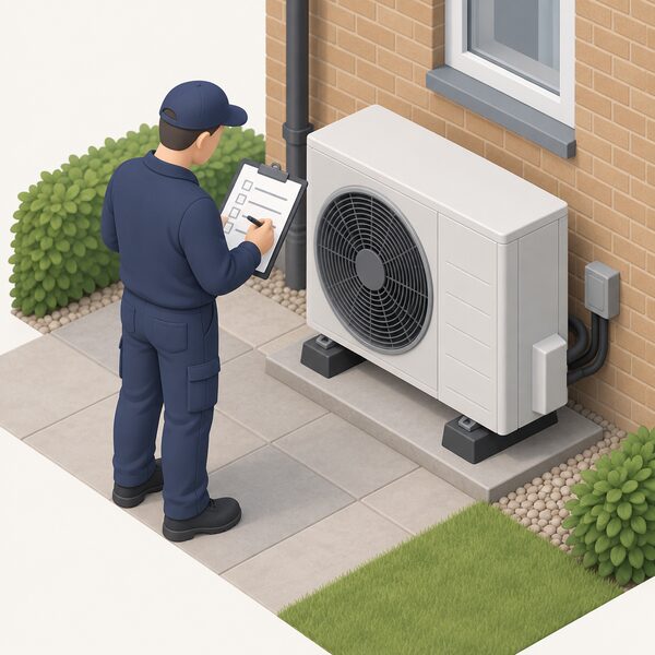 An installer standing beside an outdoor air source heat pump unit at a house wall, filling in a paper commissioning checklist on a clipboard, with the completed sheet shown as blank lines and plain blocks so no real figures appear.