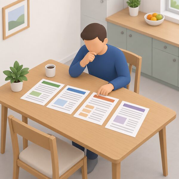 A householder at a kitchen table laying out several printed datasheets and quote sheets side by side, comparing them before choosing an installer, with blank-line content blocks and plain colour bands standing in for figures and marks.