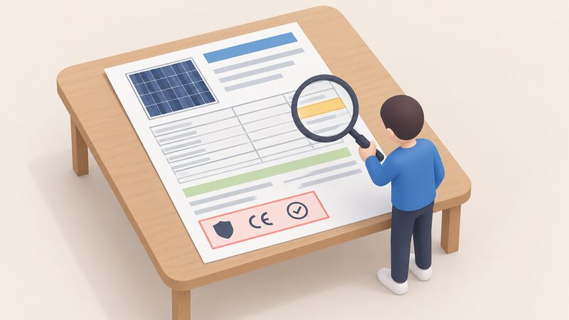 A printed solar module datasheet lying on a table, its blank-line specification table with a highlighted wattage block, a highlighted test-standard line and a highlighted safety-mark block, beside a magnifying glass held by a simplified figure reading it.