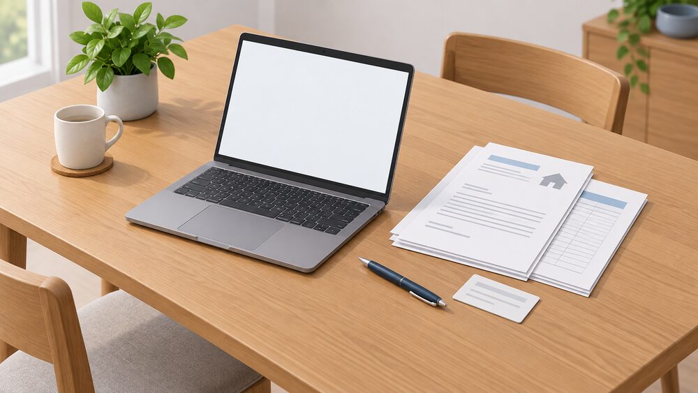 A kitchen table with an open laptop showing a blank screen, a pen, and a small stack of paperwork including an installation certificate and invoice, beside a wall-mounted inverter's detached rating label card, ready for a warranty email.