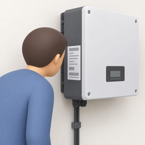 A close view of the rating label on a wall-mounted inverter, with a simplified householder figure leaning in to read the model and serial number details they would quote when raising a fault, the label content shown only as blank lines and plain blocks.