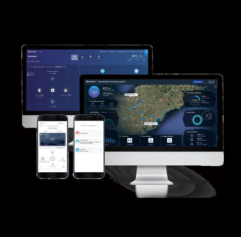 Growatt solar monitoring platform shown on desktop monitors and smartphones, with dashboards, a plant map and energy stats