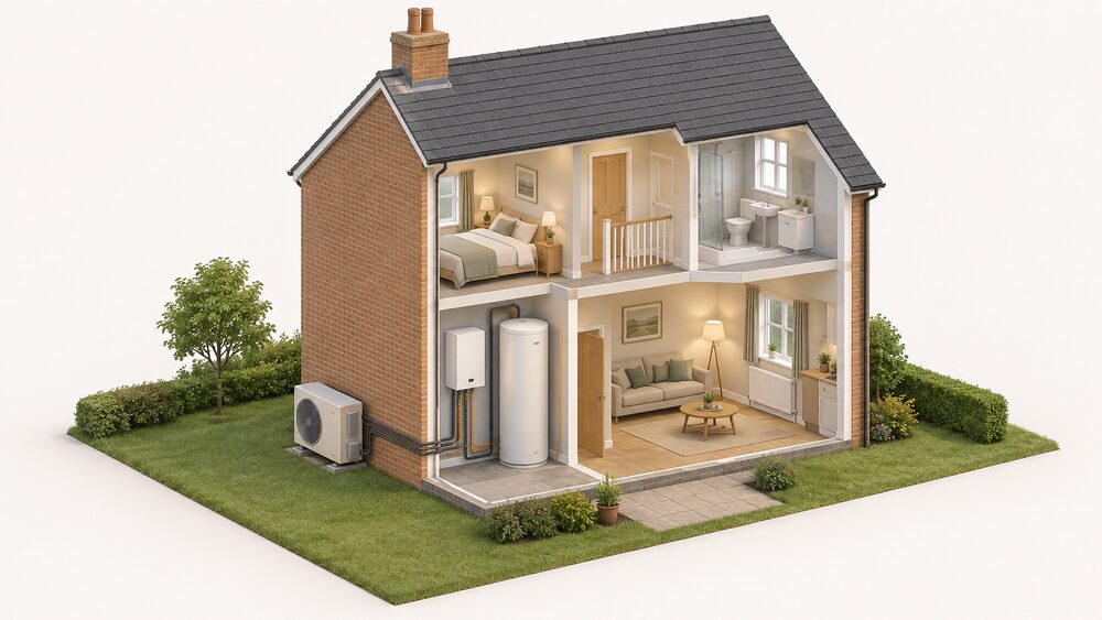 A cutaway of a modest UK house showing a Daikin-style air-to-water heat pump fan unit standing outside on the ground against an external wall, connected to an indoor unit and a hot water cylinder inside, with a wall radiator in a living room.