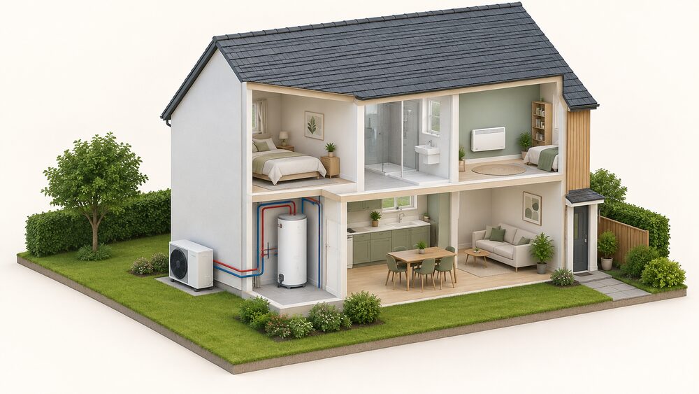 A cutaway house with a monobloc air source heat pump unit standing outside on the ground against an external wall, connected by pipework to a hot water cylinder and heating system inside, and a high heat retention storage heater mounted on an inside wall of a room.