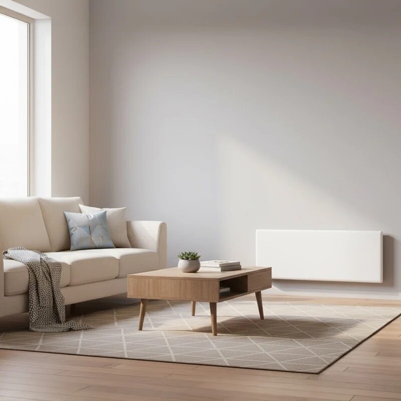 A white Dimplex Alta panel heater mounted low on the wall of a bright living room with a sofa and coffee table