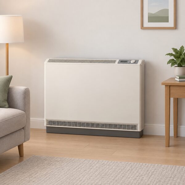 A single Dimplex-style high heat retention storage heater standing against a wall in a simply furnished room, drawn as a chunky insulated cabinet with a control panel, shown alone with clear space around it so no adjacent heater interferes with its programmer.