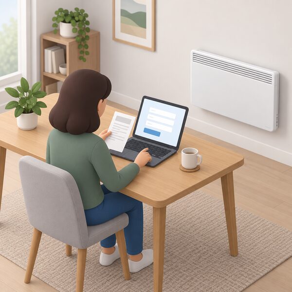 A householder seated at a table in a home setting registers a newly purchased Dimplex panel heater, using a laptop or tablet while holding the purchase paperwork, with the wall-mounted panel heater visible nearby.