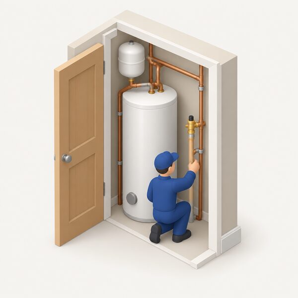 A simplified isometric view of an unvented hot water cylinder standing in a home airing cupboard, with its expansion vessel, pressure relief valve and pipework connected, and a small installer figure checking the connections.