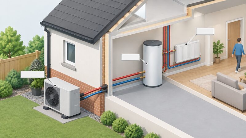 A cutaway isometric view of a house showing a monobloc air source heat pump unit standing outside on the ground, with insulated flow and return pipework entering the wall and running indoors to a hot water cylinder connected to the heating system.