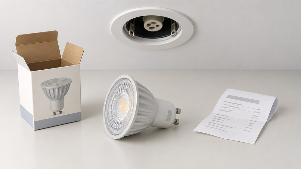A single GU10 LED bulb with two pins, removed from its ceiling downlight fitting, lying centrally on a flat surface beside its empty cardboard packaging box and a folded paper receipt, with the empty round downlight aperture visible in a section of white ceiling behind it.