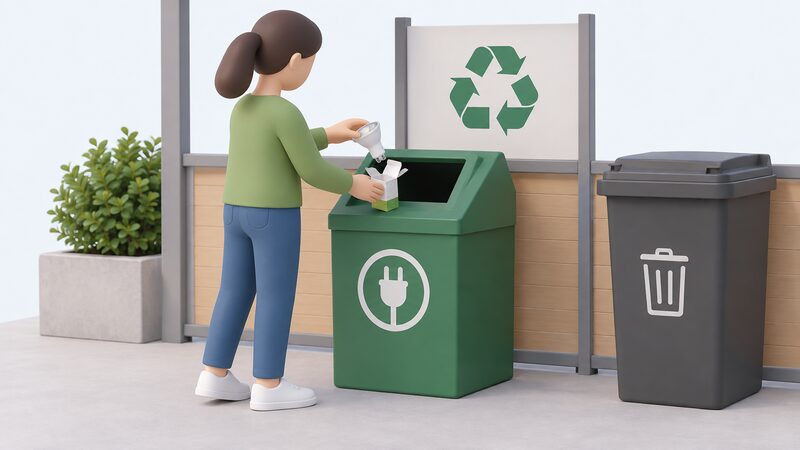 A person's hands lowering a GU10 LED bulb and its opened packaging into a small electricals recycling bin at a household recycling point, with a general domestic waste bin standing apart and unused nearby.
