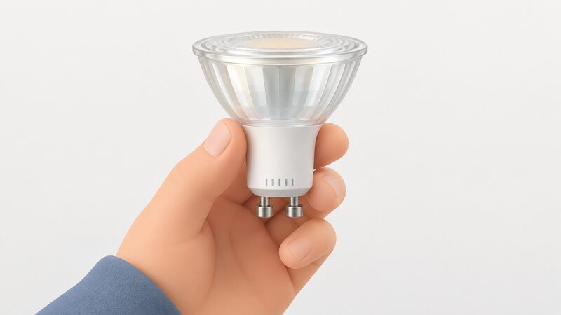 A close-up of a hand holding a GU10 LED bulb base-up, pins pointing down, so the printed batch code on the metal collar below the pins is clearly visible, with the bulb's glass body above.