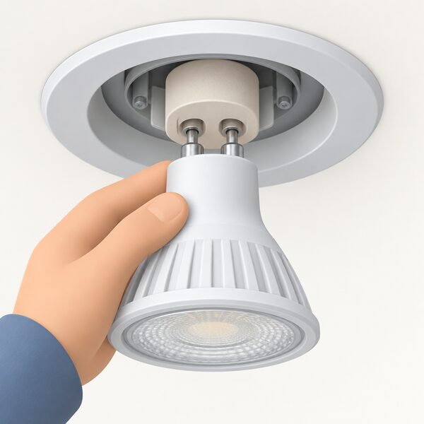 A close-up cutaway view of a GU10 LED bulb with its two metal pins fully seated in a ceramic lampholder base, showing the connection point where the pins enter the base, with a simplified isometric figure's hand steadying the bulb to show how mains current passes through the pins into the fitting.