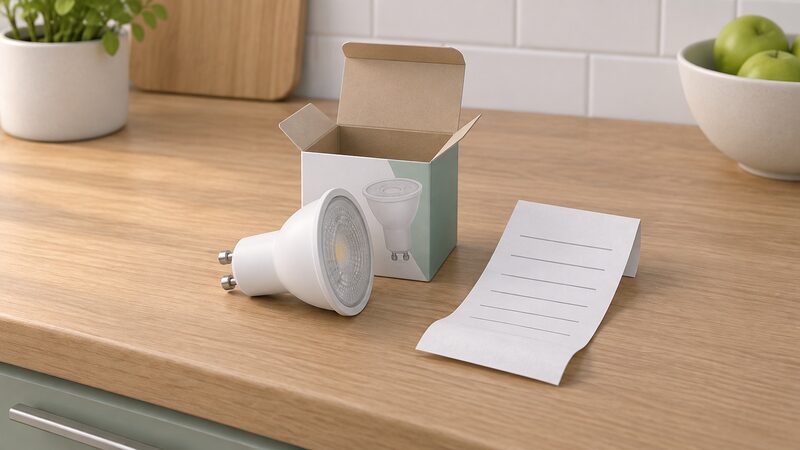 A GU10 LED bulb lying in its opened cardboard packaging beside a folded paper receipt on a kitchen worktop, both kept together ready for a recall return to the retailer.