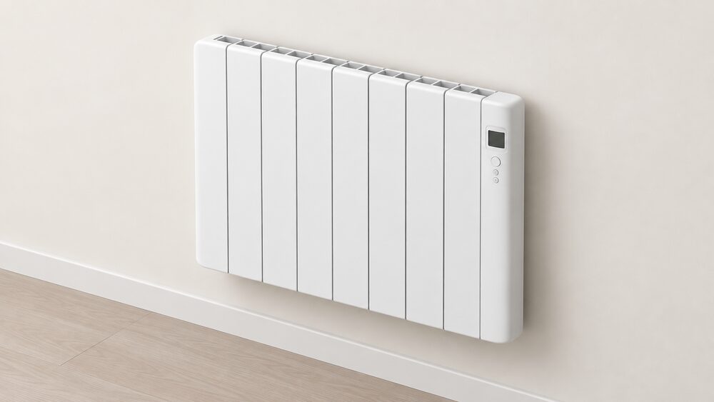 A single white electric radiator mounted on an interior wall in the position a wet radiator would occupy, with its control panel built into the unit itself, shown close up with no other equipment or surroundings.