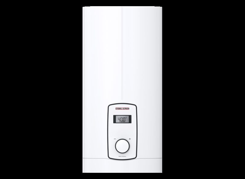 A white Stiebel Eltron DHB-E instantaneous water heater with an LCD display and control dial on a plain background