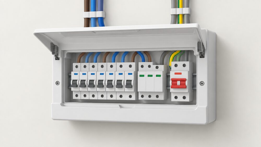 A wall-mounted consumer unit with its front cover open, showing a neat row of RCBOs and circuit breakers inside, a surge protection device fitted in the same enclosure, an isolator switch beside it, and thick cables entering the enclosure from above.