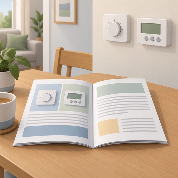 A printed heating controls buyer's guide booklet lying open on a table, its pages shown only as blank lines and plain colour blocks, beside a simple room thermostat and a programmer mounted on the wall of a plain domestic room.