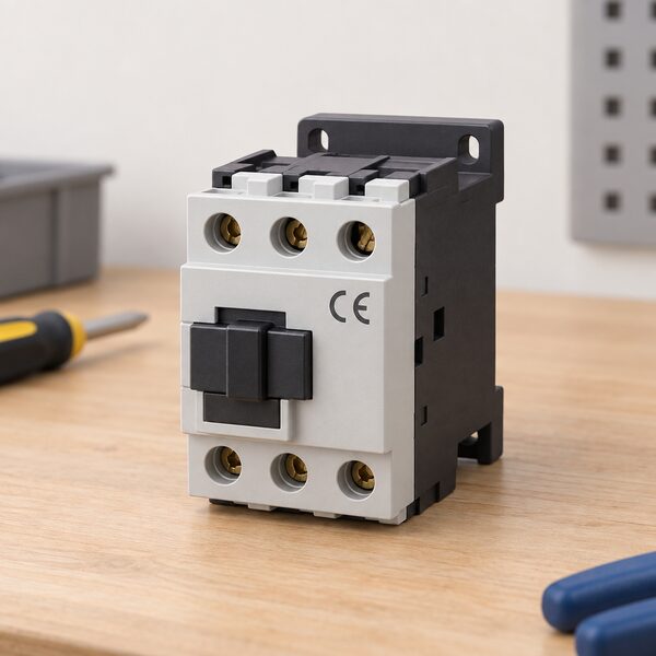 A close-up view of a plain electrical component such as a relay or contactor, held in the hand or resting on a workbench, with the CE mark clearly moulded or printed on its casing, shown as a simple recognisable symbol with no readable text or numbers around it.