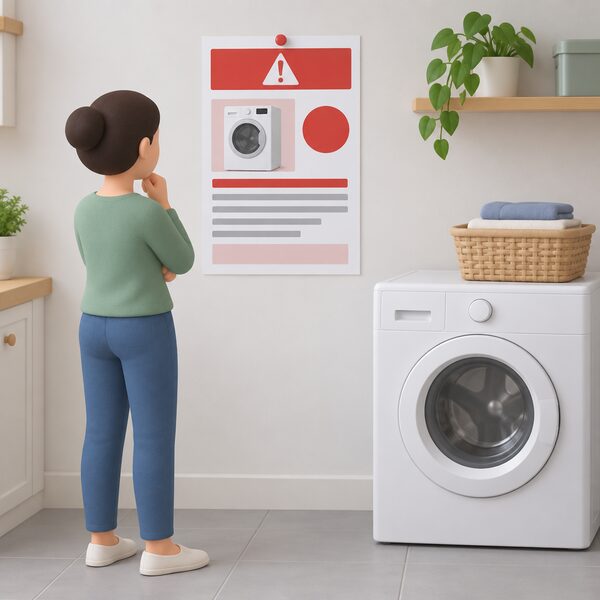A printed product recall safety notice for an electrical appliance, shown as a physical sheet pinned to a wall beside the household electrical equipment it concerns, with its content rendered only as blank lines and plain colour blocks so no words or figures are readable.