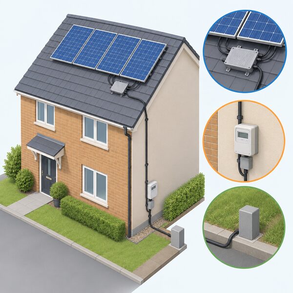 A small microinverter unit mounted on the roof directly beneath a row of solar panels, with cabling running from the panels into the unit and a cable continuing down the outside of the house to the electricity meter and grid supply connection.