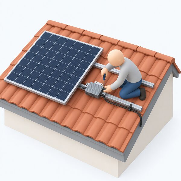 A small simplified installer figure kneels on a pitched roof beside a solar panel, fitting a compact microinverter unit to the rail beneath the panel, with a cable running from the unit along the roof toward the edge.