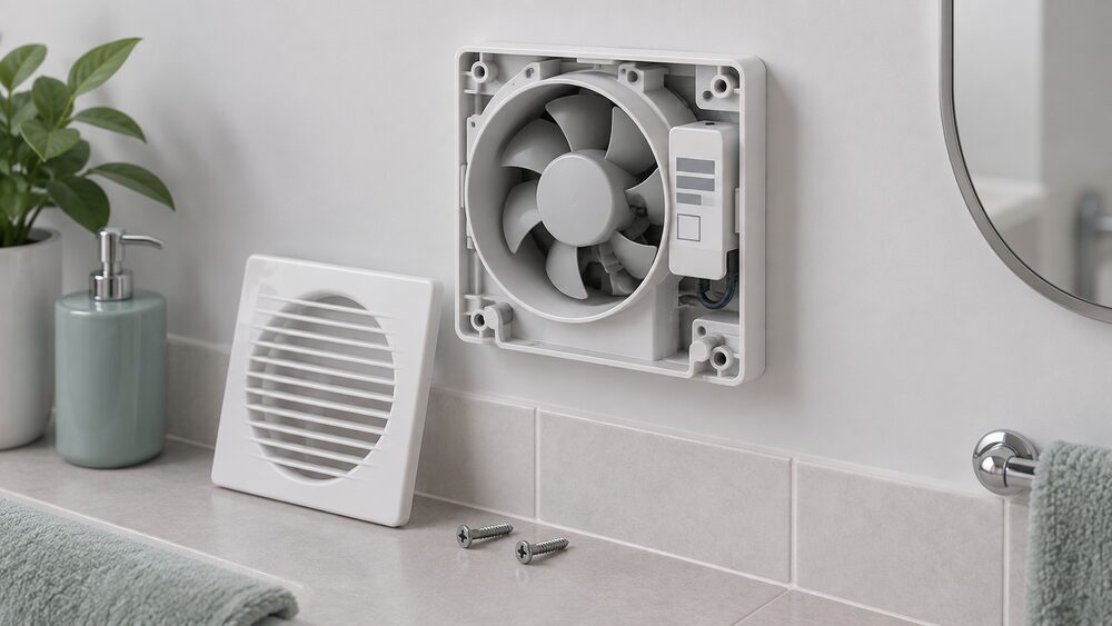 A close-up of a wall-mounted bathroom extractor fan with its front cover taken off and resting below, two loosened screws at the base end of the unit, and the manufacturer's label visible on the exposed body.