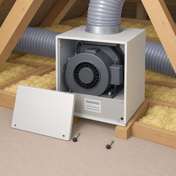 A positive input ventilation fan cabinet in a loft space with its cover removed and resting beside it, the two screws at the base end loosened clear of the fan case, exposing the unit's label on the cabinet for reading.