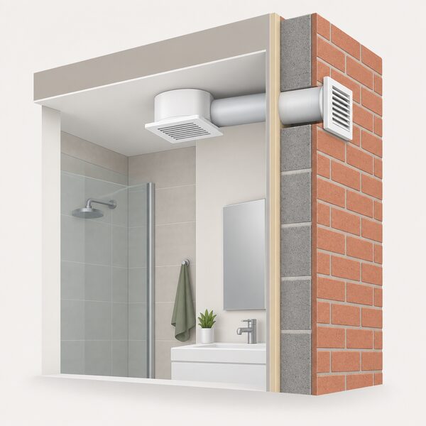 A cutaway wall view showing a short, straight rigid duct running horizontally from the spigot of a ceiling-mounted extract fan to a simple external termination grille on the outside wall face.