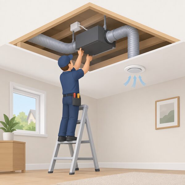 A competent installer on a step ladder fits a whole-house ventilation unit into a ceiling void in a UK home, connecting it to fixed wiring and ducting, with a ceiling grille below.