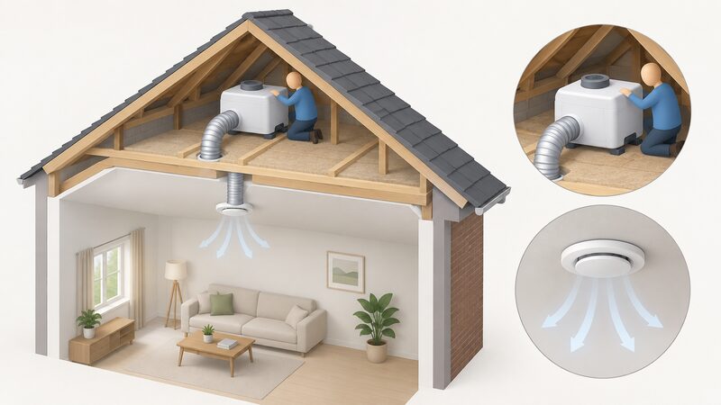 A loft space with a whole-house positive input ventilation unit mounted on the loft floor, connected by a short flexible duct to a circular ceiling diffuser in the room below, with a simplified isometric figure inspecting the unit.