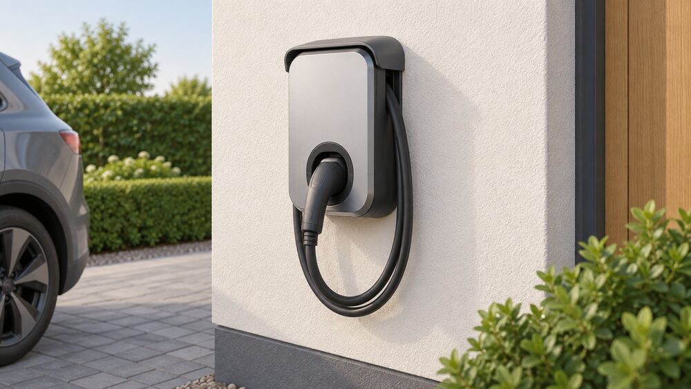 A close-up of a single domestic EV wallbox mounted on an external house wall beside a driveway, shown as a tethered unit with its cable and Type 2 connector holstered, with a weatherproof enclosure suited to outdoor installation.