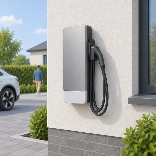 A slim rectangular EV charger with a matt aluminium housing on a polycarbonate base, mounted high on an exposed exterior house wall in open weather, with its cable and tethered plug holstered at the side.